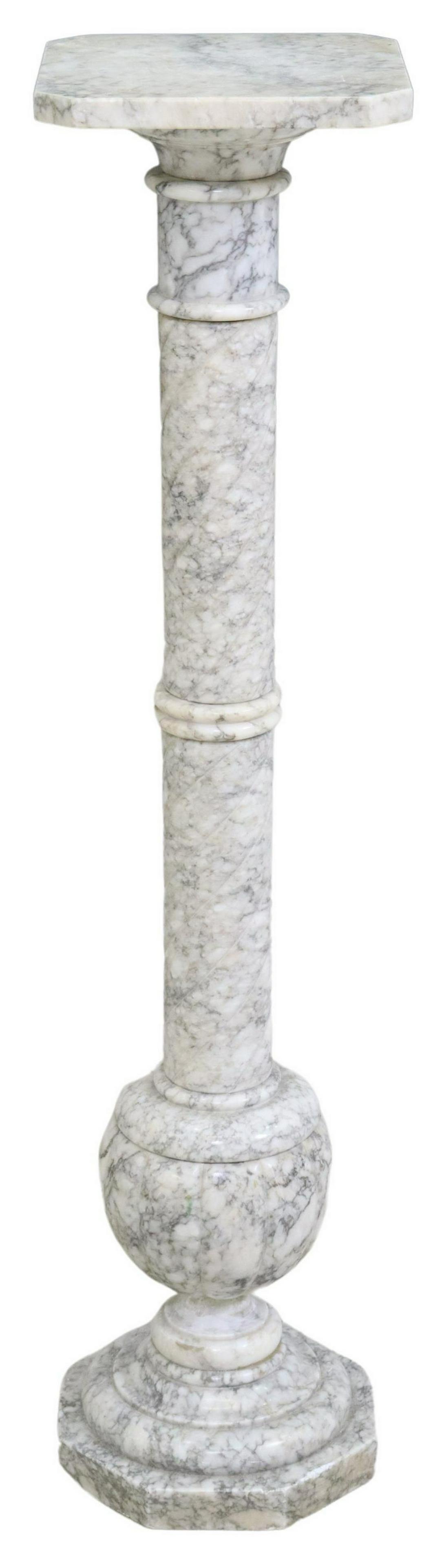 ITALIAN CARVED ALABASTER PEDESTAL PLANT STAND: Italian carved alabaster pedestal/ plant stand, early 20th c., square top, twist standard with melon ribbed base, on an octagonal foot, loss and restoration at base, approx 36.25"h, 8.5"w, 8.5"d Start