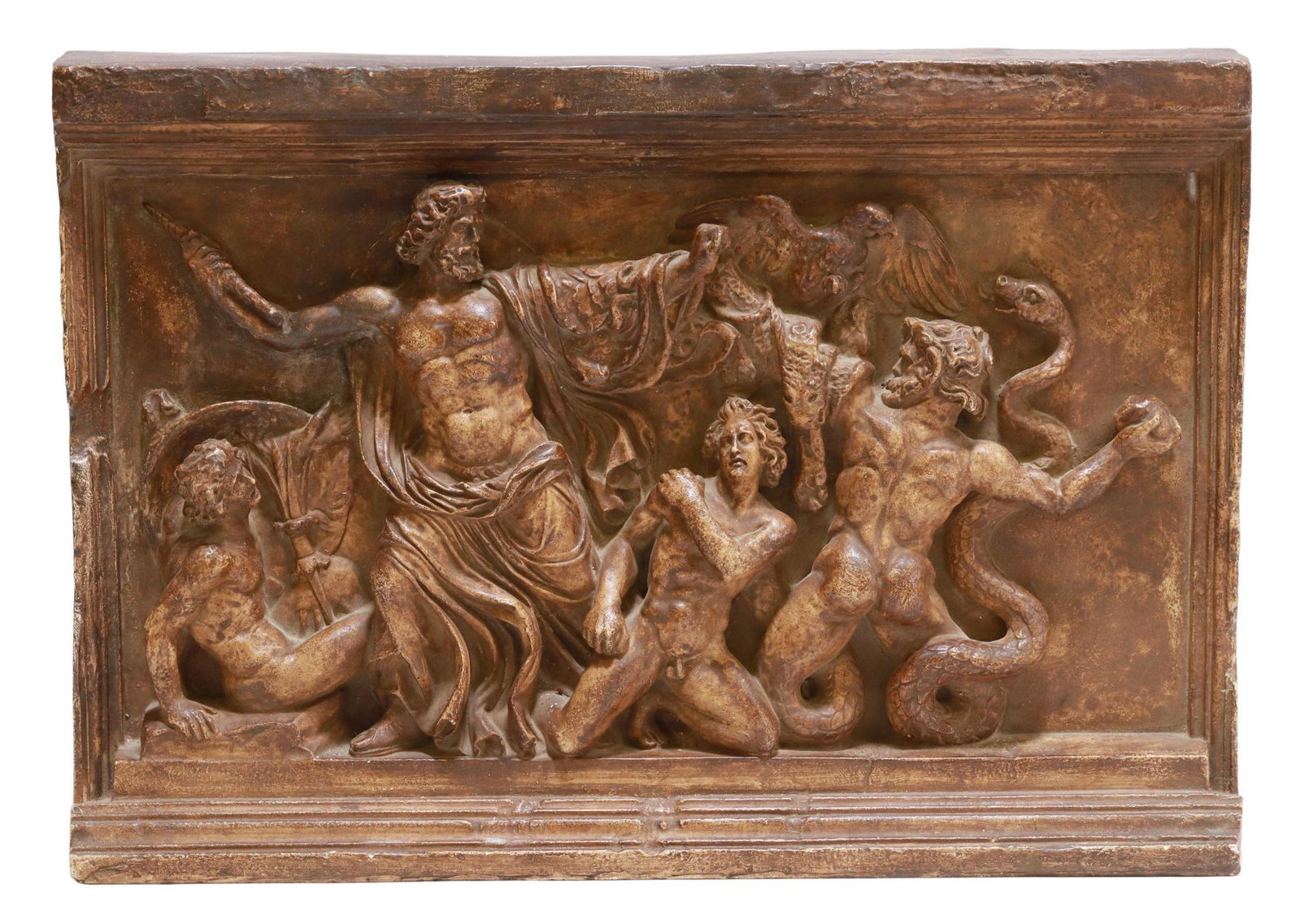 CAST PLASTER RELIEF PANEL ZEUS & THE GIANTS: Cast plaster relief panel, Zeus and the the Giants, Lino Giust Gallery, Boston, after the Pergamon Altar, Pergamon Museum, Berlin, approx 12.75"h, 18.5"w, 3"d, 15lbs **Provenance: From the estate of U