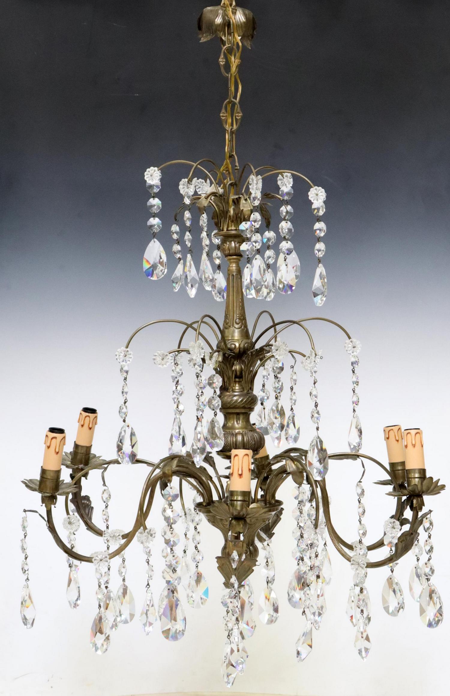 FRENCH WILLOW-FORM CRYSTAL SIX-LIGHT CHANDELIER: French patinated metal and crystal six-light chandelier, 20th c., having three foliate tiers of willow branch hanging prisms, turned-form standard, issuing six arms, terminating in floral bobeches, al