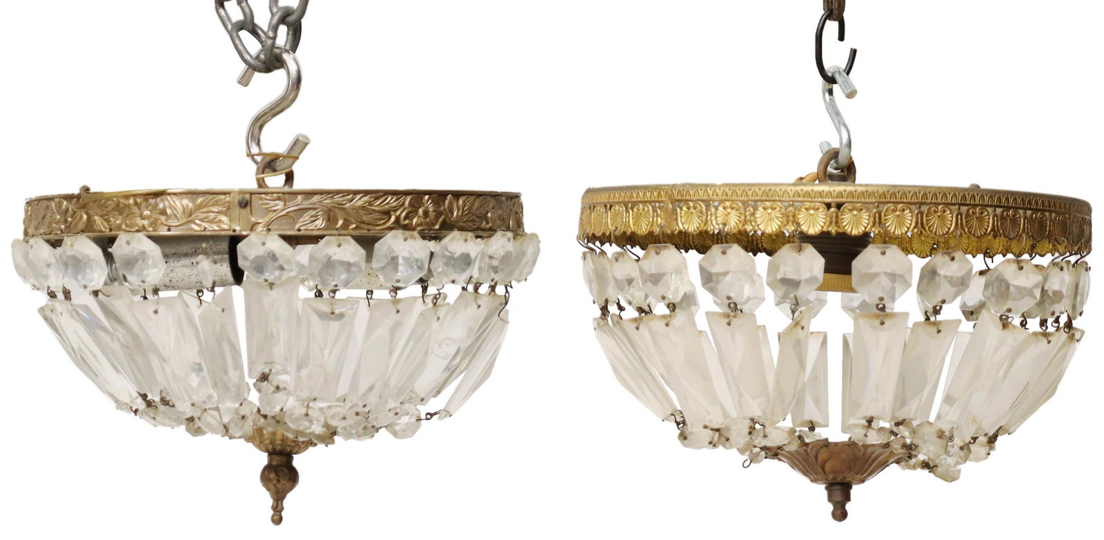 (2) ITALIAN GILT METAL & CRYSTAL CEILING LAMPS: (pair) Italian gilt metal and crystal ceiling lamps, 20th c., of various designs, having two-tier circular frame, hung with faceted crystal prisms and beads, including: (1) single-light lamp, with pie