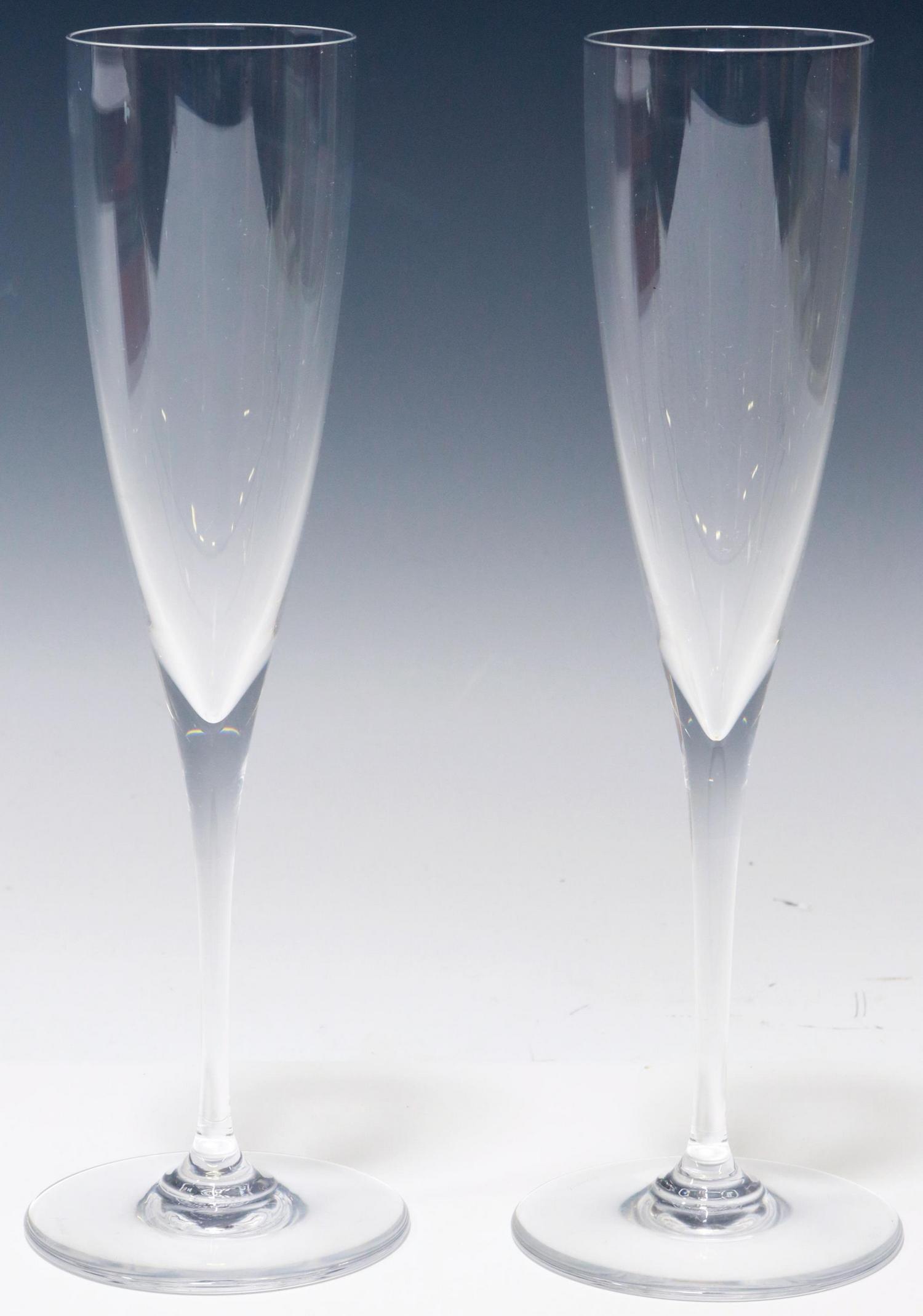 (2) BACCARAT 'DOM PERIGNON' CHAMPAGNE FLUTES: (pair) French crystal champagne flutes, Baccarat, in the "Dom Perignon" pattern, each bearing acid-etched mark underfoot, retaining original retail box, approx 9.25"h, 2"diam, box: approx 11"h, 9"w, 4