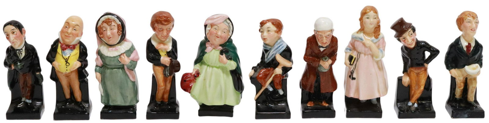(10) ROYAL DOULTON CHARLES DICKENS FIGURES: (lot of 10) Royal Doulton porcelain Charles Dickens figures, including: (1) Sairey Gamp, (1) David Copperfield, with restoration to neck, (1) Micawber, (1) Little Nell, (1) Mrs. Bardell, (1) Tiny Tim,