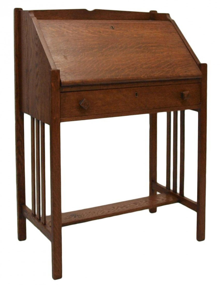 ARTS & CRAFTS OAK FALL FRONT DESK: Arts and Crafts oak fall front desk, American, c. 1900, a drop down writing surface opening to a fitted interior, single drawer, all raised on square legs joined by stretcher and slat sides, 39.5"h, 2
