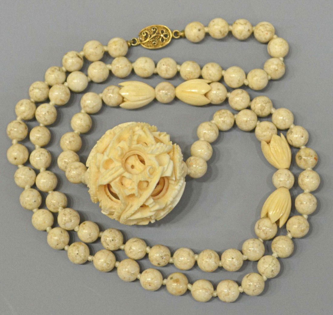 54 CHINESE CARVED IVORY PUZZLE BALL NECKLACE