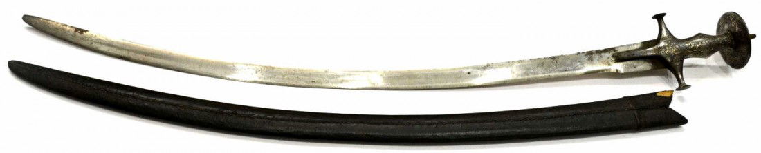 ANTIQUE INDO-PERSIAN TALWAR INCISED SILVER SWORD: Indo-Persian Talwar sword, 19th c., curved 31" blade, the entire 6.5" handle incised and decorated with silver in the Koftgari manner, with leather sheath, overall 36"l, 2lbs (360057) Start Price: $10