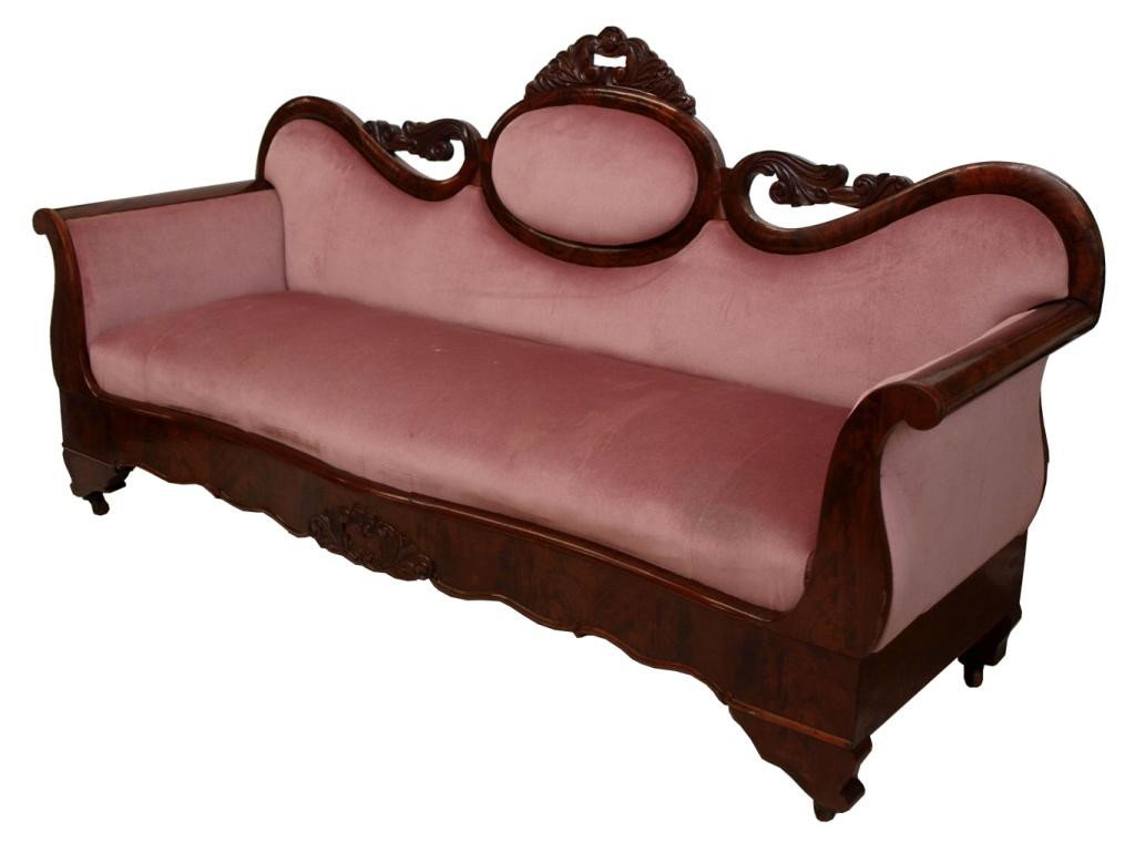 FINE VICTORIAN CARVED FLAME MAHOGANY PARLOR SOFA: Fine Victorian parlor sofa, 19th c., having a highly figured carved mahogany frame, padded back and seat in a light pink velveteen upholstery, restorations, 43"h, 82"w, 27"d (0753-17) Start Price: $30