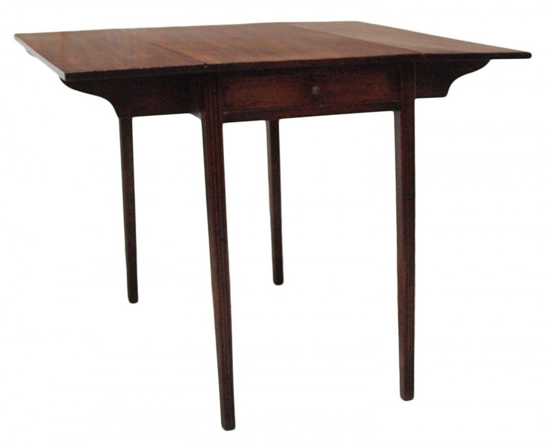GEORGIAN MAHOGANY DROP LEAF TABLE WITH DRAWER: Georgian mahogany drop leaf table, 18th c., one end fitted with a shallow drawer, the whole supported on tapering legs with one side ribbed, 28.5"h, 32.25"w, 18"d, open 36.75"d Start Price: $150.00