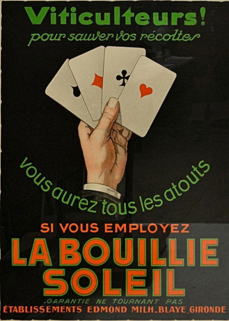 FRENCH POSTER: VITICULTEURS, PARIS, 1930'S: Framed French poster "Viticulteurs!, La Bouillie Soleil", anonymous, 1930's, printed by Joseph Charles, Paris, professional custom framing, sight: 30.75"h, 23"w, overall: 34.25"h, 26.75"w, 10lbs Start