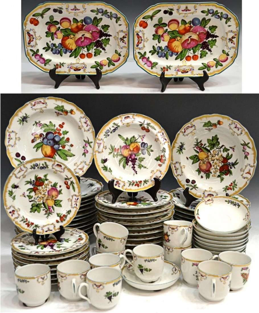 MOTTAHEDEH DUKE OF GLOUCESTER DINNER SERVICE: (set of 66) Mottahedeh 'Duke of Gloucester' porcelain dinner service in the Rococo taste with 22K gold parcel gilding on a white ground, brightly polychromed fruit and insects throughout, comprising: 