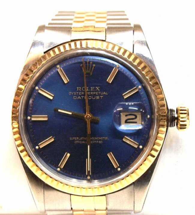 GENTS ROLEX 14KT & STAINLESS DATEJUST WRISTWATCH: Gents Rolex two-tone DateJust wristwatch, c. 1972, case: 35mm oyster, crown: twinlock, bezel: fluted, crystal: mineral cyclops lens, movement: superlative chronometer, dial: Royal Blue with luminous h