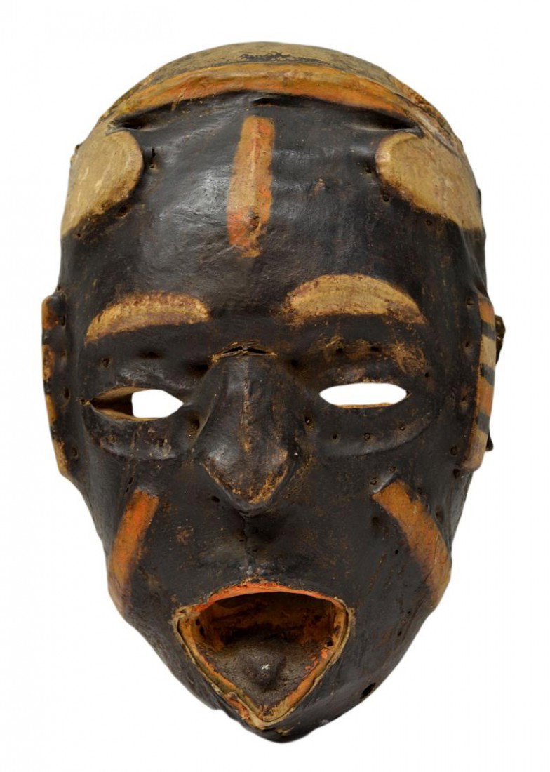 AFRICAN HIDE COVERED WOOD MASK, EKOI TRIBE: African hide covered hand carved polychrome wood mask, early 20th c., believed to Ekoi tribe, Nigeria & Cameroon, black face with white accents, open mouth with applied tongue, wood "nails" secure the
