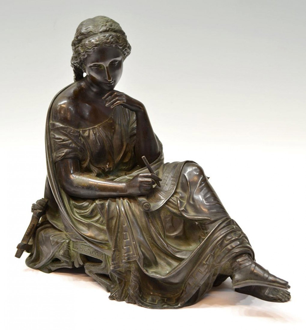ANTIQUE BRONZE, HIPPLOYTE FRANCOIS MOREAU: French bronze classical figure, C. 1900 "L'?criture de la Musique", signed F. Moreau (Hippolyte Francois Moreau, France, 1832-1927) a woman seated on a cushioned bench writing musical notes to a long 
