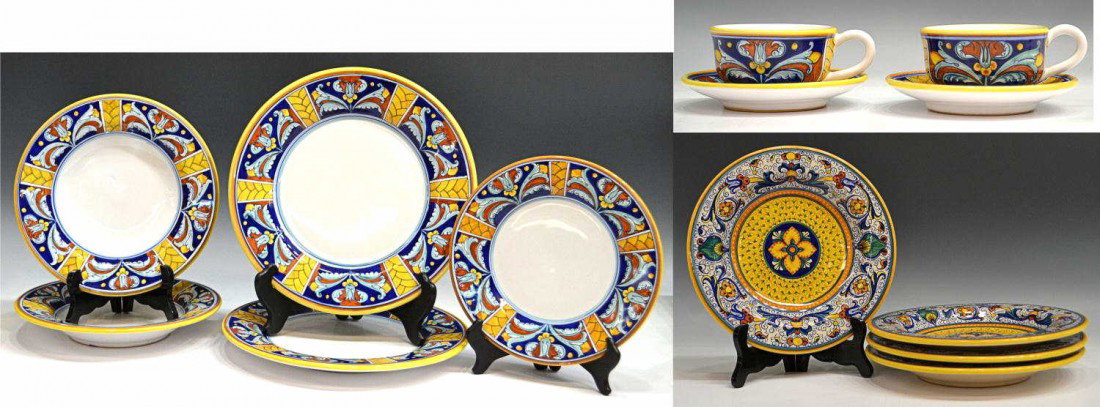 GROUP ITALIAN DERUTA MAJOLICA CERAMIC TABLEWARE: (lot of 13) Italian Deruta majolica tableware: (4) Geribidi bowls polychrome decorated in blue, yellow, orange and green on a white ground, 9.5"diam; (9) Fratelli Mari Deruta pieces including (2) dinn