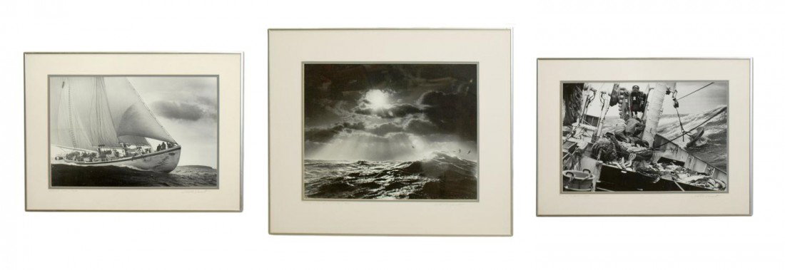 (3) FRAMED MARINE PHOTOGRAPHS, NEAL PARENT, MAINE: (lot of 3) Signed framed limited edition marine photographs by Neal Parent (Maine, 20th c.): (1) "Fishing the Banks, 12/200, sight: 12.5"h, 18"w, overall: 18.25"h, 24.25"w; (1) "Heeled Over" 32/50, si