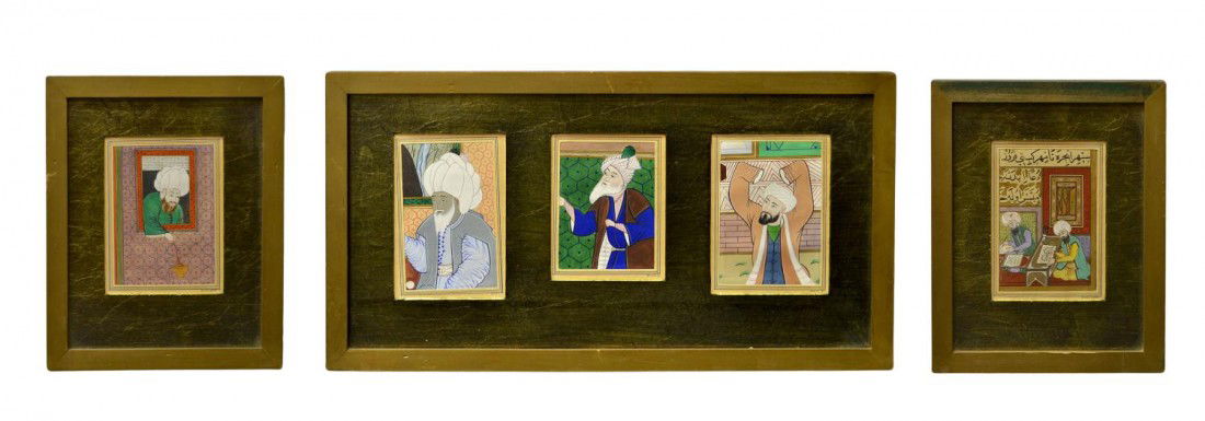 FRAMED TURKISH RELIGIOUS PAINTINGS, MUALLA SEREN: (lot of 3) Framed Vintage religious figural paintings, Turkey, five varied parcel gilt polychrome images in three frames, signed Mualla Seren, signatures as pictured, each retaining gallery tag 'Bill