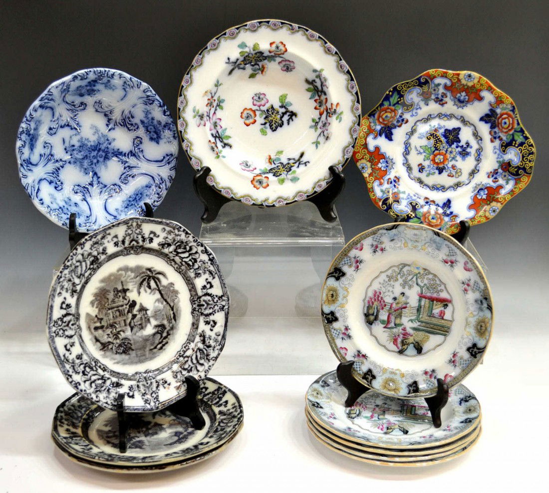 GROUP ANTIQUE FLOW BLUE CABINET PLATES & BOWLS: (lot of 11) Collection of ceramic cabinet plates, most 19th c.: (5) Dutch polychrome earthenware 'Canton' plates, Petrus Regout,, Maastricht, 8.5"diam; (3) Davenport ironstone plates, 'Cyprus' pattern