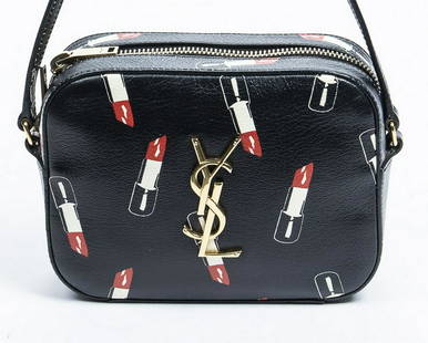 YVES SAINT LAURENT 'LIPSTICK' SMALL SHOULDER BAG: Yves Saint Laurent "Lipstick" small shoulder bag, black leather with lipstick print, with gold-tone hardware, having flat adjustable leather shoulder strap, branded medallion to front, dual zip