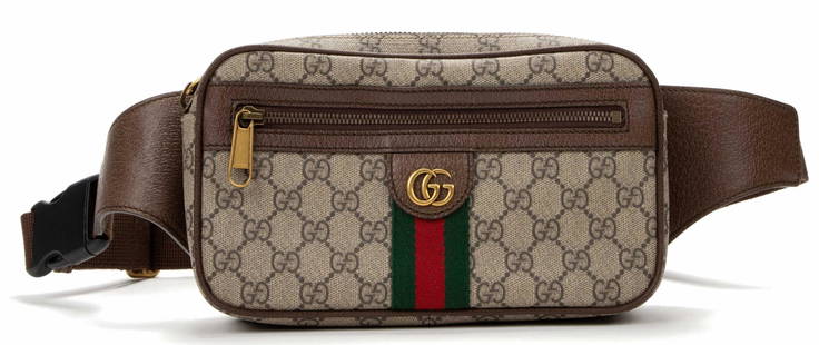 GUCCI SUPREME OPHIDIA MONOGRAM BELT BAG: Gucci "Supreme Ophidia" belt bag, in brown monogram coated canvas, with gold-tone hardware, canvas web accent to front, zip front pocket, adjustable leather and canvas waist strap with buckle, zip clo