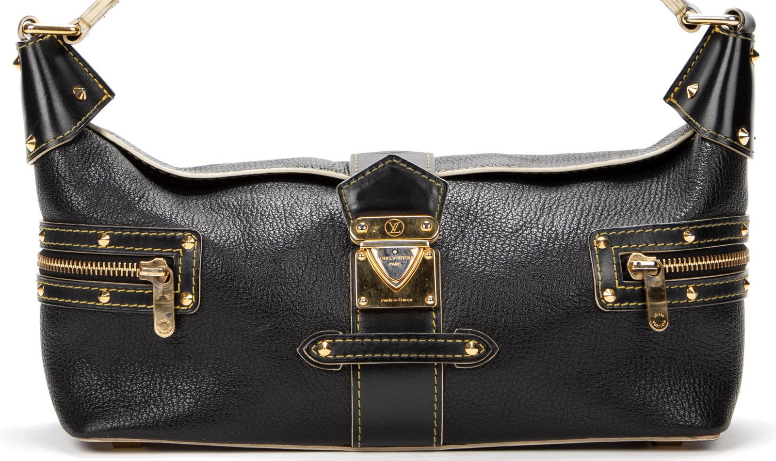 LOUIS VUITTON 'L'IMPETEUEX' SUHALI LEATHER BAG: Louis Vuitton "L'Impetueux" shoulder bag, in black Suhali leather, with gold-tone hardware, flat adjustable shoulder strap, dual exterior zip pockets at sides, front push-lock closure, opening to blac