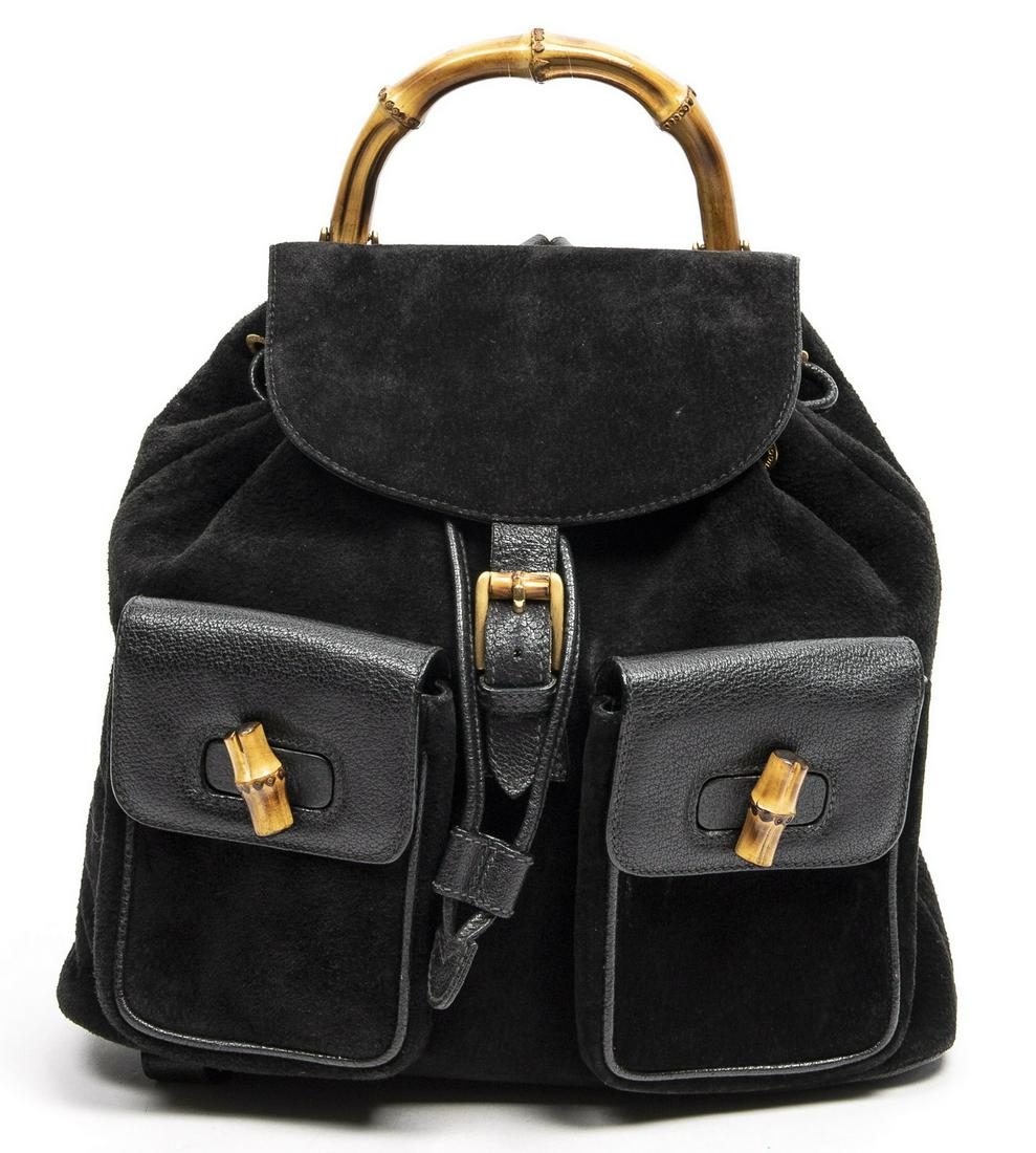 GUCCI BLACK SUEDE BAMBOO ACCENTED BACKPACK (1 of 7)