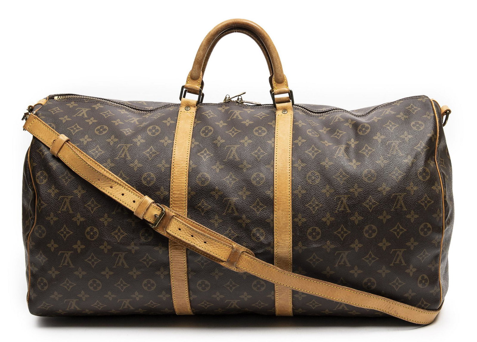 LOUIS VUITTON 'KEEPALL BANDOULIERE 60' TRAVEL BAG: Louis Vuitton "Keepall Bandouliere 60" travel bag, in brown and tan monogram coated canvas, with gold-tone hardware, tan vachetta leather trim, detachable flat shoulder strap, dual rolled handles, bro