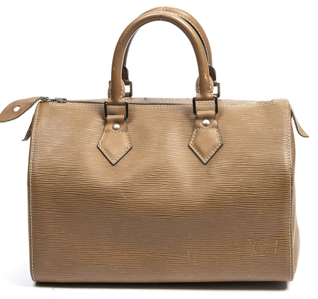 LOUIS VUITTON 'SPEEDY 25' TAN EPI LEATHER HANDBAG: Louis Vuitton "Speedy 25" handbag, in Pepper Epi leather, with silver-tone hardware, dual rolled handles, single exterior slip pocket at side, top zip closure, opening to tan canvas lining, dual inter