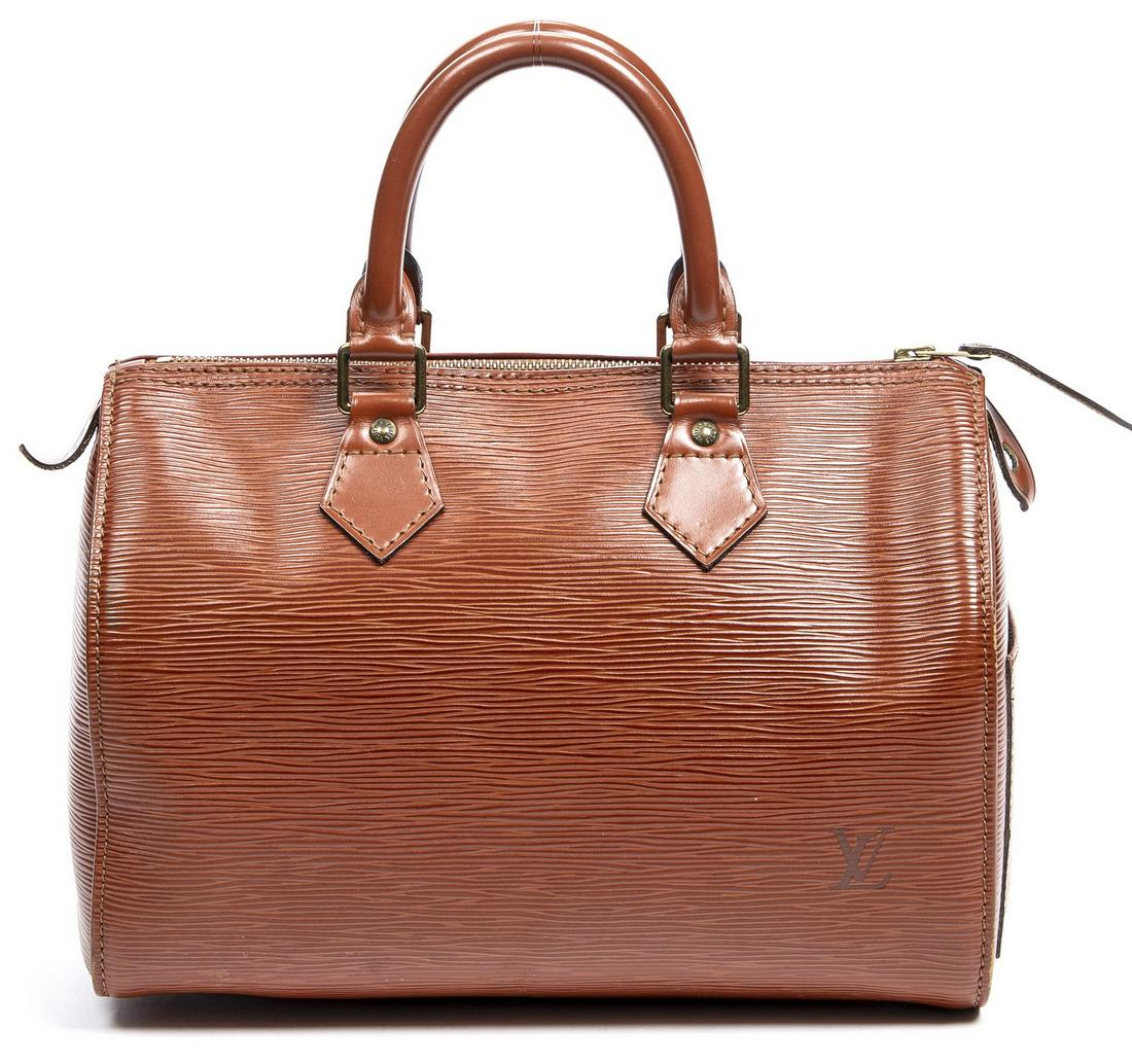 LOUIS VUITTON 'SPEEDY 25' TAN EPI LEATHER HANDBAG: Louis Vuitton "Speedy 25" handbag, in Cipango Gold Epi leather, with gold-tone hardware, dual rolled handles, single exterior slip pocket at side, top zip closure, single interior slip pocket, retaini