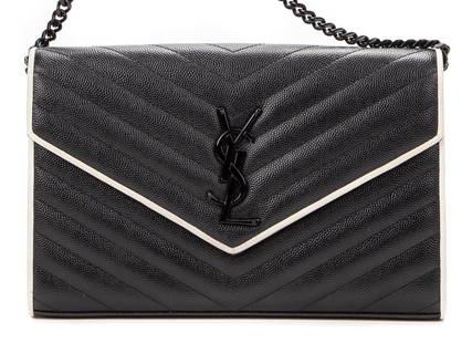 YVES SAINT LAURENT 'MATELASSE' WALLET ON CHAIN: Yves Saint Laurent "Matelasse" wallet/shoulder bag, in black grained leather, with black metal hardware, contrast white leather trim, adjustable chain and leather shoulder strap, front snap closure, d