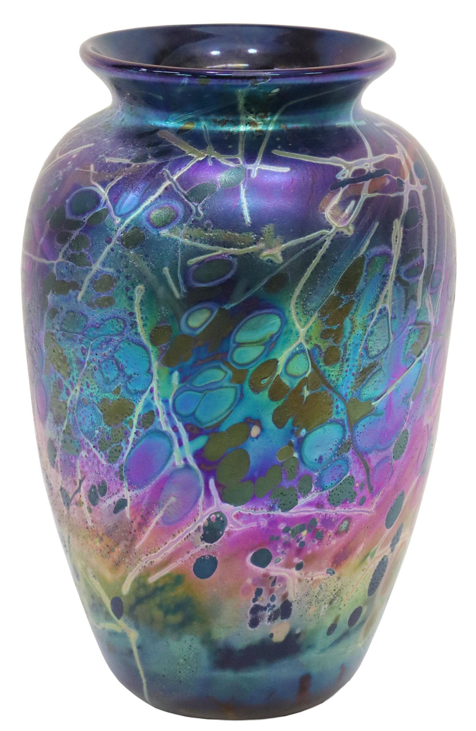 ARTHUR ALLISON (TX) IRIDESCENT ART GLASS VASE: Iridescent studio art glass vase, signed underfoot A Allison (Arthur Allison, Texas, 20thc.), numbered 9812, in primarily purple, green, and blues, approx 7 5/8"h, 4.75"diam, 1.75lbs Start Price: $50.