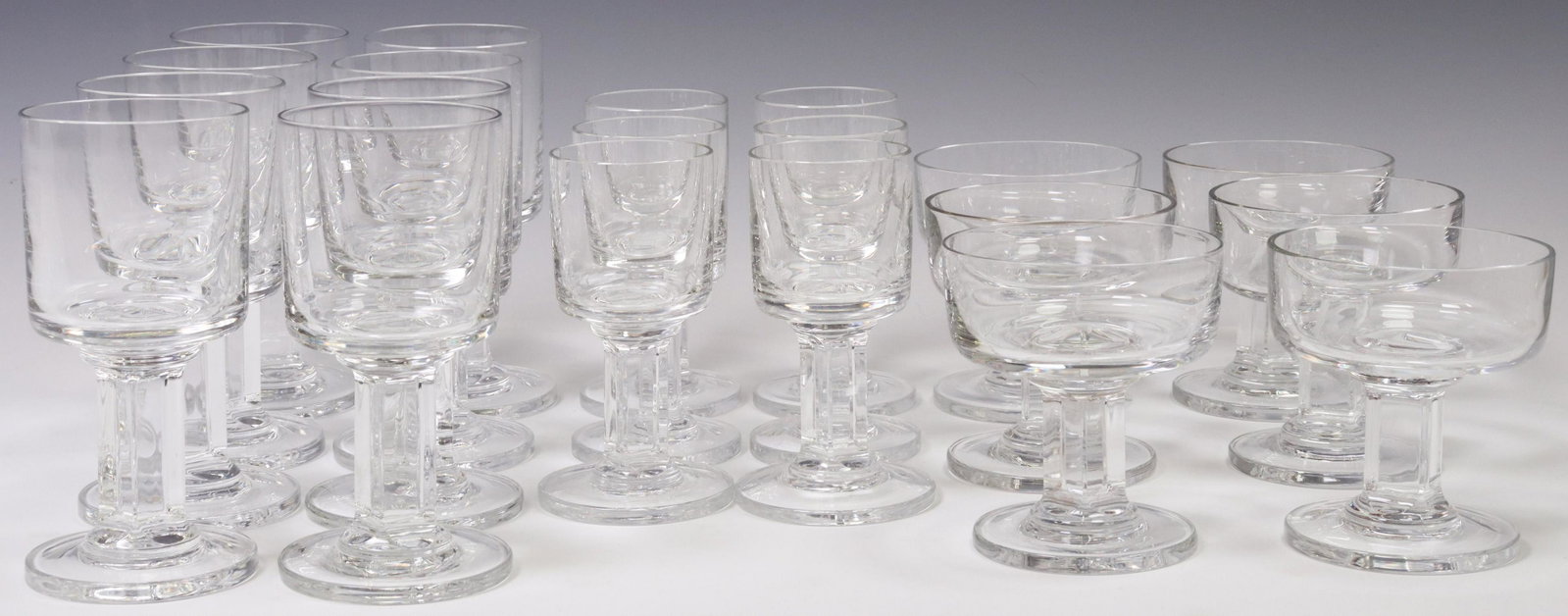 20) DANSK KIRSTEN COLORLESS GLASS STEMWARE SERVICE: (lot of 20) Dansk colorless stemware service, in the "Kirsten" pattern, squared bowls over stem, unmarked, including: (8) water goblets, approx 7.5"h, 3.25"diam; (6) wine stems, (one) with slight rim 