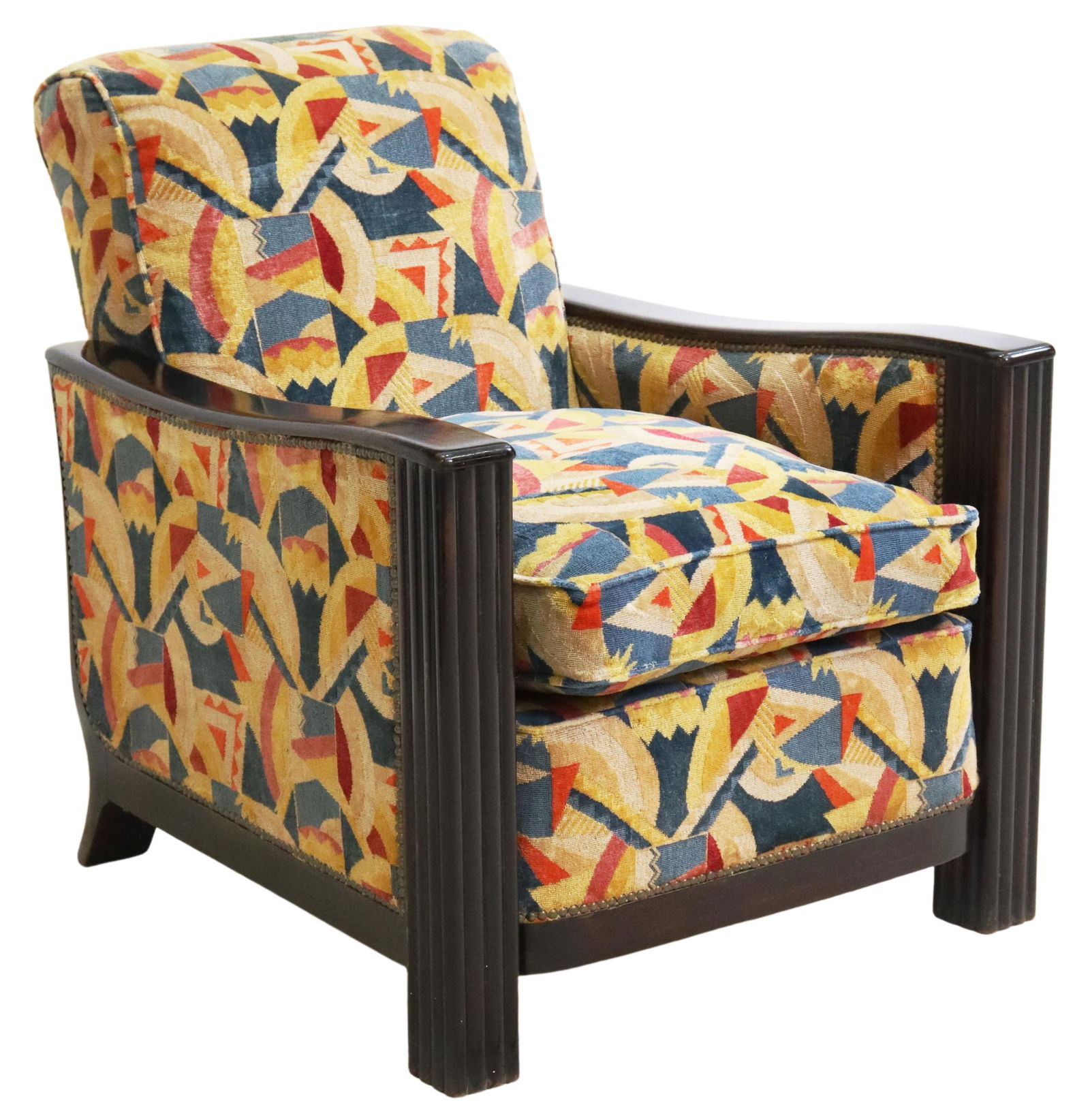 JOSEPH HOFFMAN (ATTRIB) FUTURIST DECO CLUB CHAIR: Art Deco club chair, attributed by consignor to Joseph Hoffman (Austria-Moravian, 1870-1956), c.1930s, in original "Futurist" geometric patterned upholstery, ebonized wood frame, loose seat cushion, a