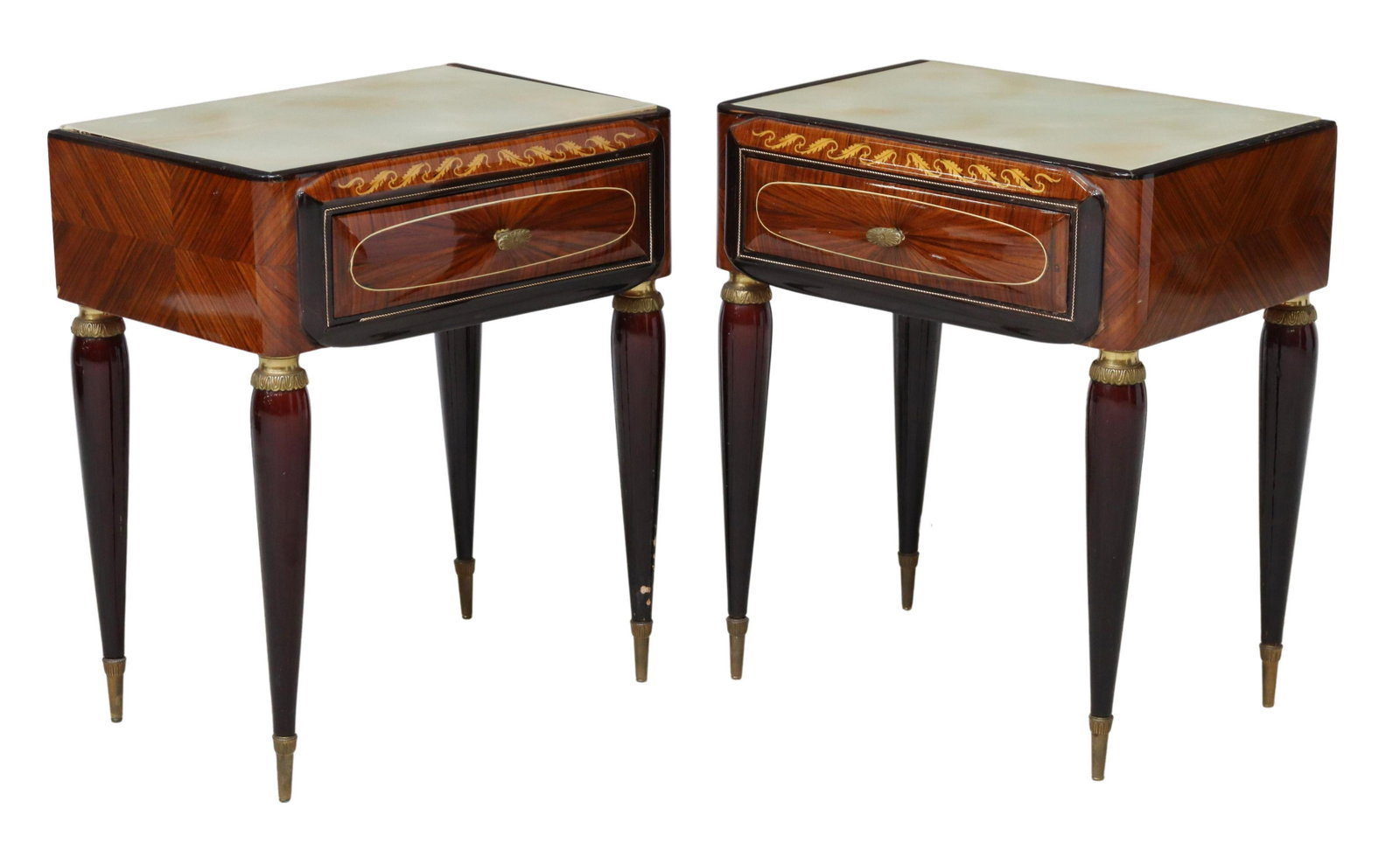 (2) ITALIAN MID-CENTURY MODERN INLAID NIGHTSTANDS: (pair) Italian mid-century modern lacquered wood nightstands, c.1950s, having reverse painted glass top, over single drawer, with scrolled foliate marquetry and inlaid banding, rising on tapered legs,