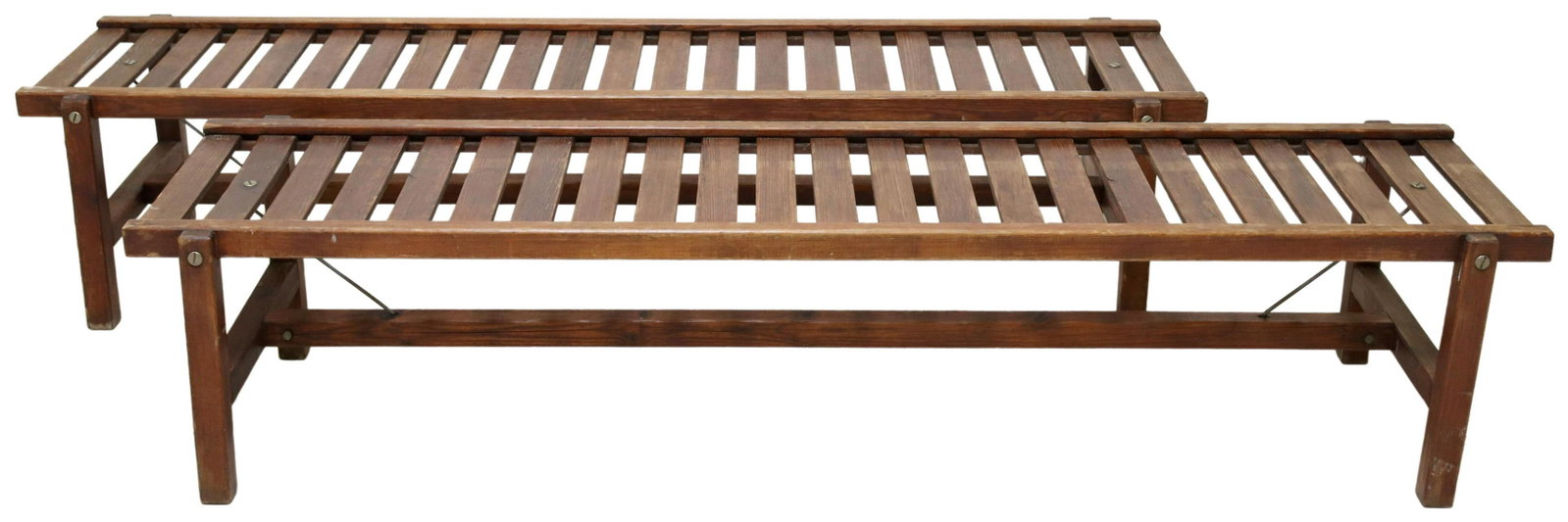 (2) ELSA STACKELBERG FRI FORM OUTDOOR BENCHES: (pair) Outdoor benches, Elsa Stackelberg (Norwegian, b.1929) for Fri Form, second half 20th c., slatted seat, rising on stretcher-joined legs, approx 16"h, 74.5"w, 18.75"d Start Price: $200.00