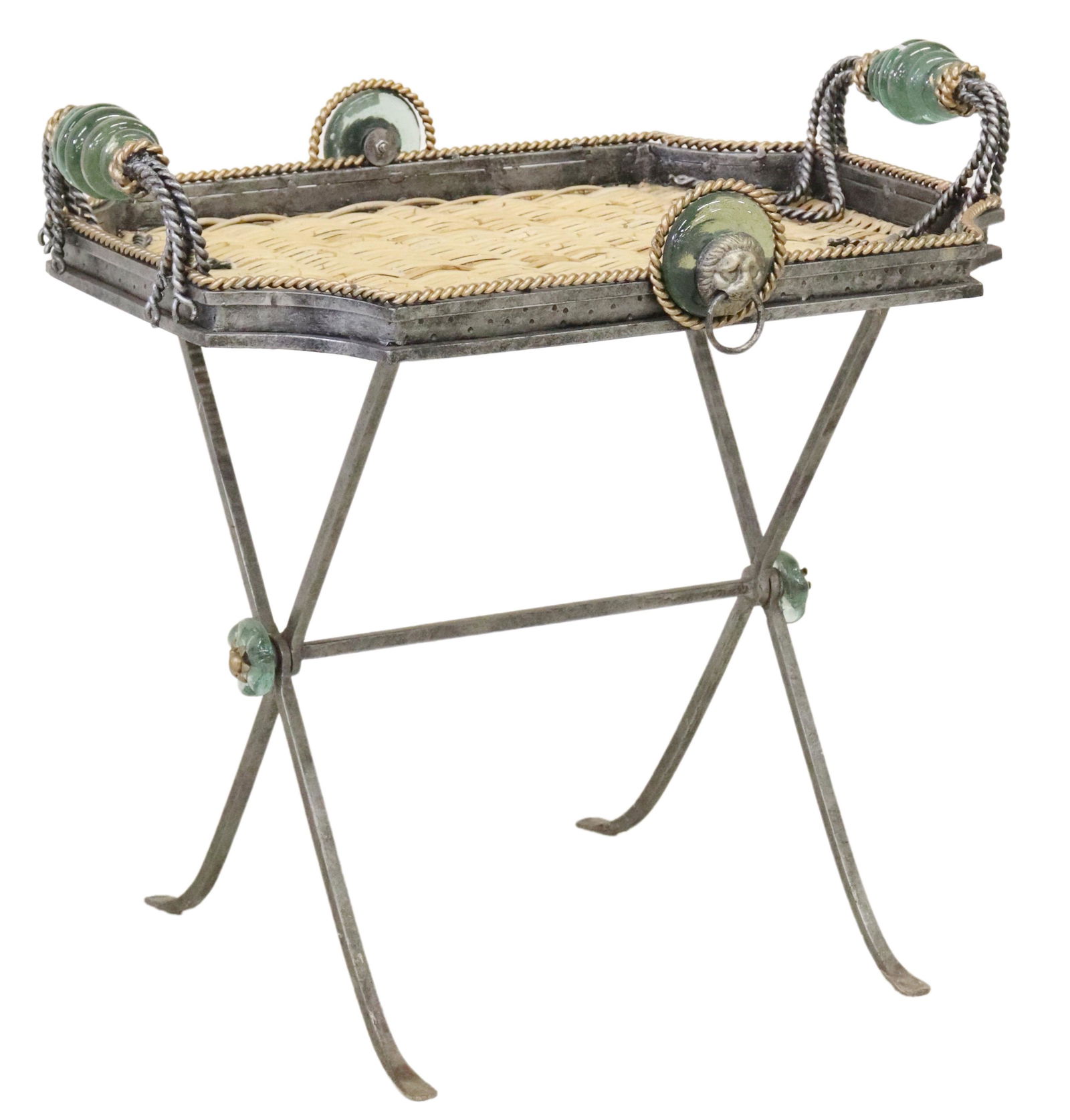 DECORATIVE IRON & WICKER SERVING TRAY ON STAND (1 of 6)
