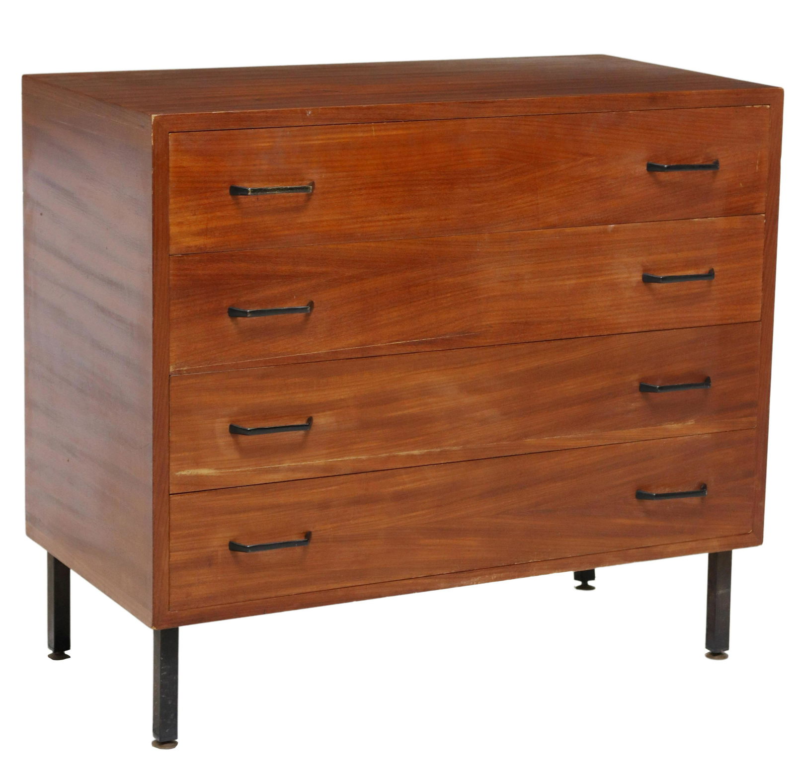 ITALIAN MID-CENTURY MONDEN TEAK CHEST: Italian mid-century modern four drawer teak commode, 1950's, rising on square steel legs with pad feet, approx. 27.5"h, 30.75"w, 15.75"d Start Price: $300.00