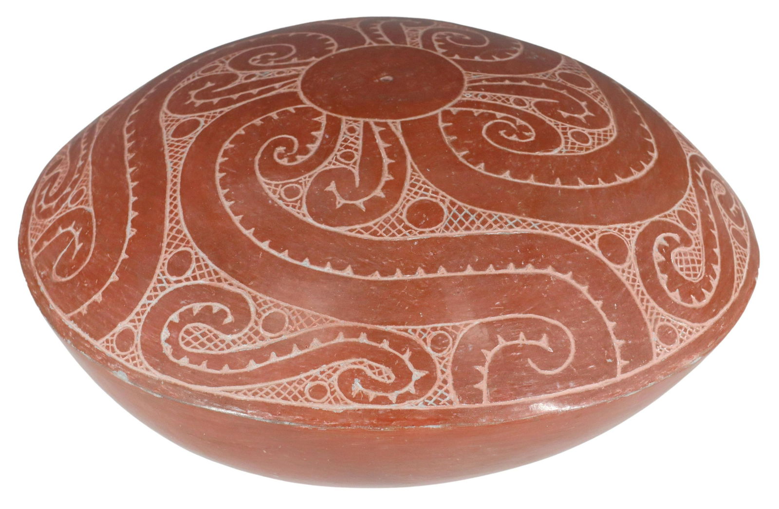 JERI REDCORN (B1939) CADDO ETCHED REDWARE SEED POT (1 of 4)