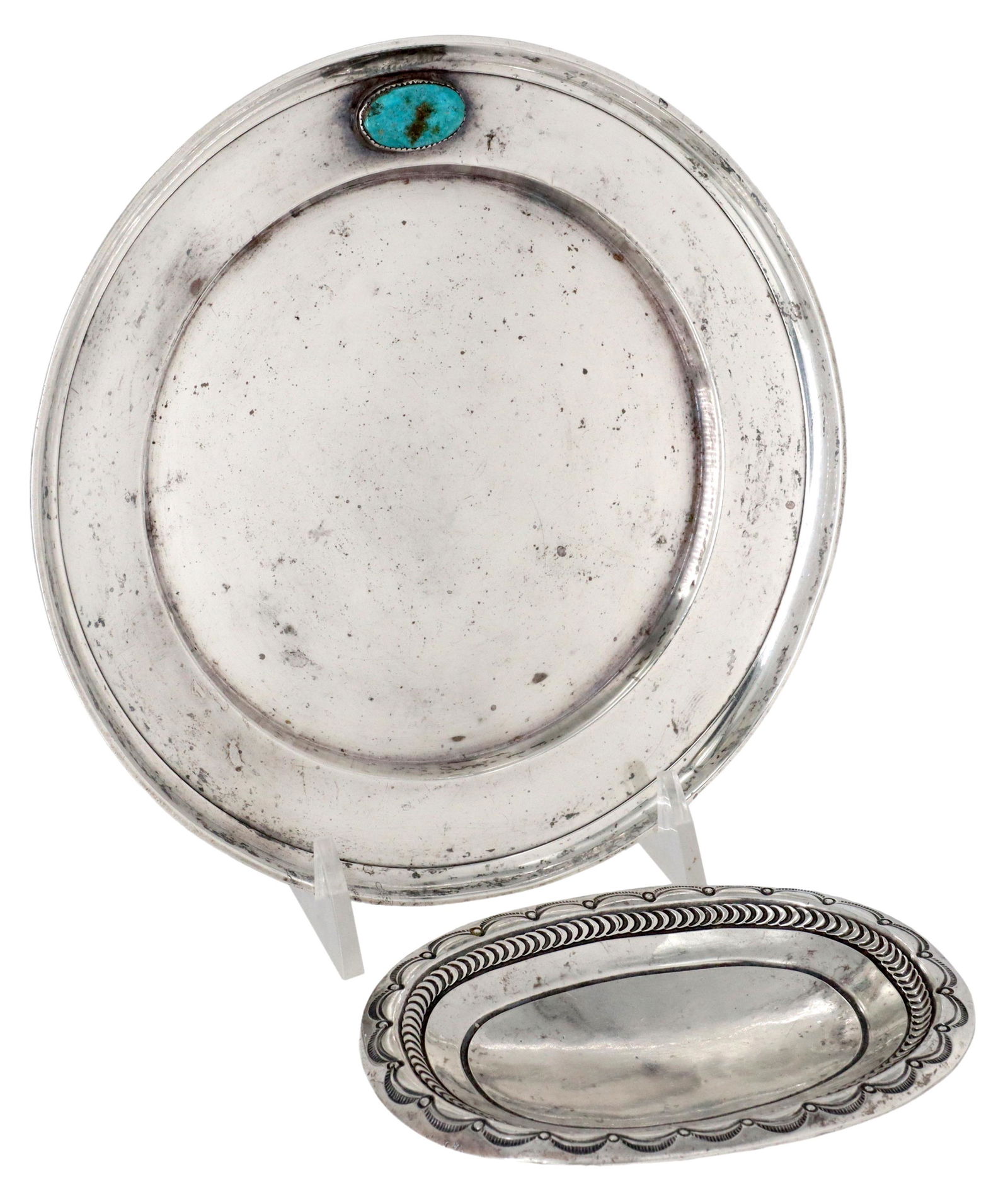 (2) STERLING TURQUOISE PLATE & STAMPED SILVER DISH (1 of 4)