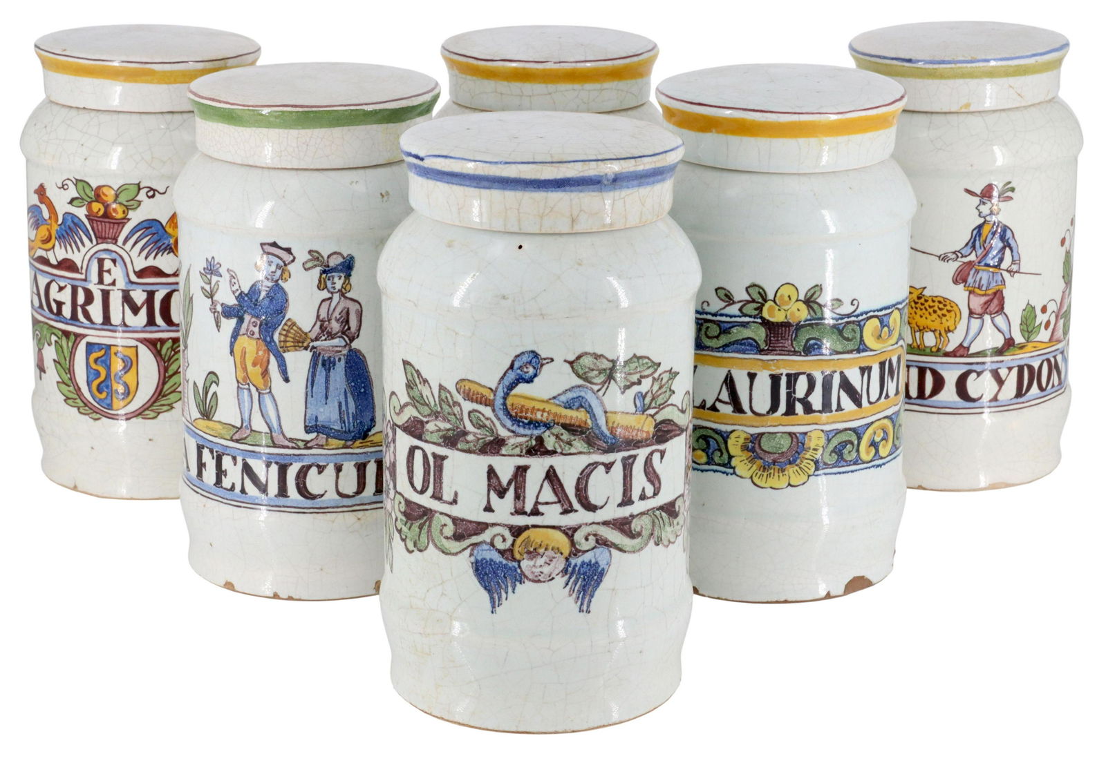 (6) CONTINENTAL FAIENCE LIDDED APOTHECARY JARS (1 of 6)