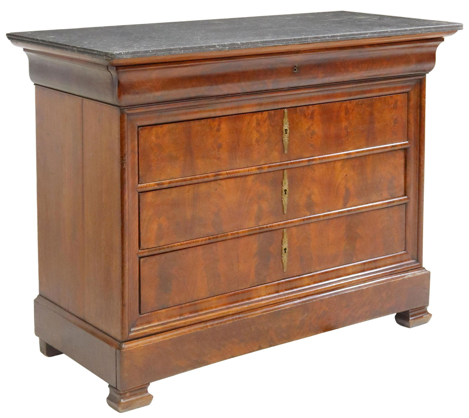 FRENCH LOUIS PHILIPPE MARBLE-TOP MAHOGANY COMMODE: French Louis Philippe period flame mahogany commode, mid 19th c., having marble top, frieze drawer, over three additional drawers, hidden apron drawer, rising on bracket feet, filled splits at side pa