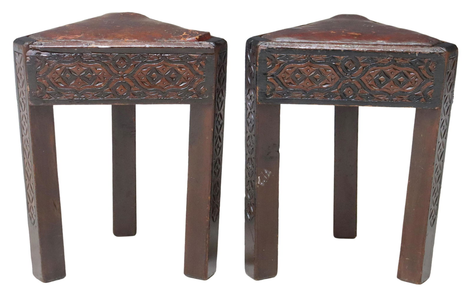 (2) MOROCCAN WOOD & LEATHER TRIANGULAR STOOLS (1 of 3)