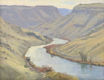 JAY MOORE (B.1964) GUNNISON RIVER, HOTCHKISS, CO: Framed oil on canvas painting, "Gunnison River Overlook, Hotchkiss, Colorado," signed lower left Jay Moore (American, b.1964), titled and dated 1998 verso, sight: approx 10.5"h, 13.5"w, overall: 16.75