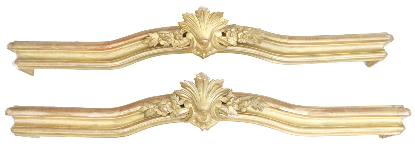 (2) LOUIS XV STYLE GILTWOOD VALENCES/ PELMETS: (pair) Louis XV style giltwood valences/ pelmets, 19th c., having molded shaped frame, centering foliate crest, approx 7"h, 55"w, 12"d Start Price: $350.00