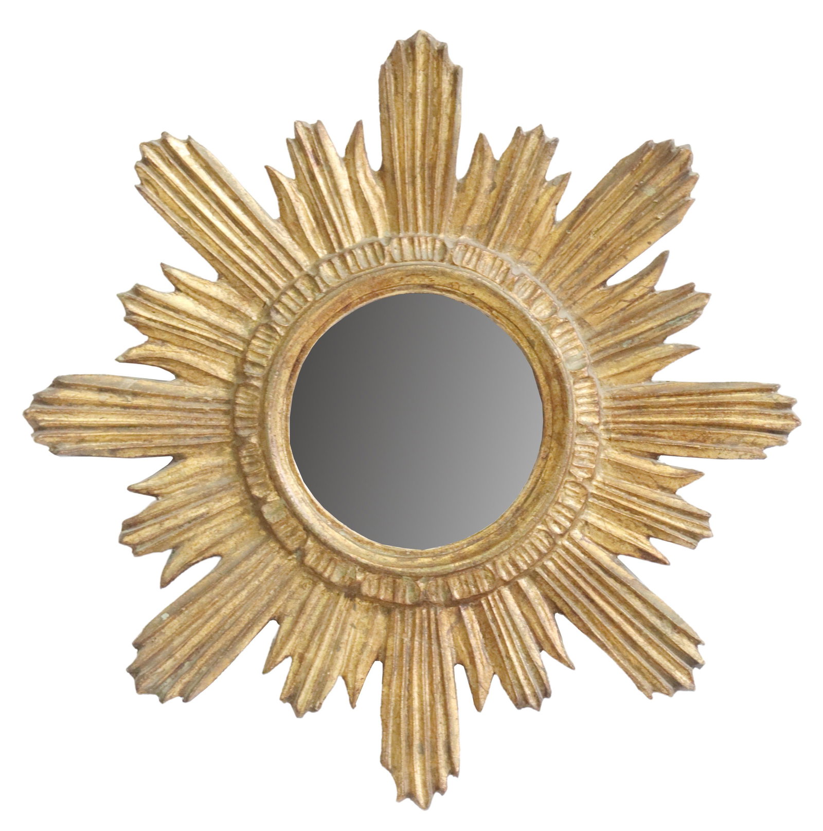 FRENCH GILTWOOD SUNBURST MIRROR: French giltwood mirror, early 20th c., in the shape of a sunburst, approx 17.5"diam, 1.5"d, 2lbs Start Price: $200.00