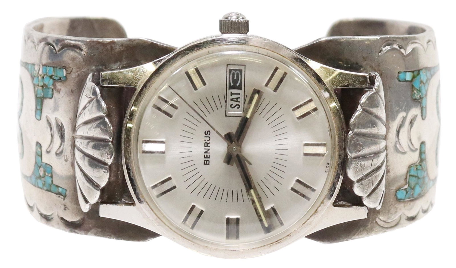 GIBSON GENE NAVAJO TURQUOISE CHIP INLAY WATCH CUFF: Native American silver (content unknown) watch cuff, picto hallmark for Gibson Gene (Navajo/ Dine, 20th c.), turquoise chip inlay, Benrus watch, approx 1.25"w, interior: approx 6"l, gap: approx 1.25"w