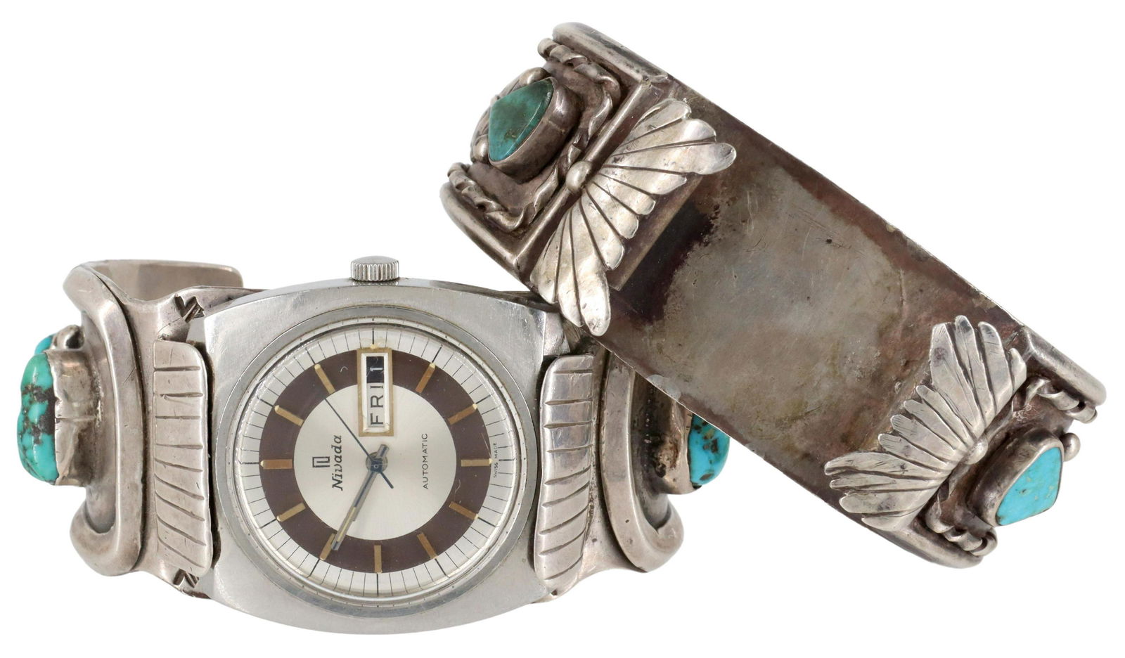 (2) NATIVE AMERICAN SILVER & TURQUOISE WATCH CUFFS (1 of 5)