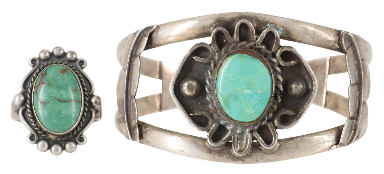 (2) NATIVE AMERICAN SILVER & TURQUOISE CUFF & RING (1 of 4)