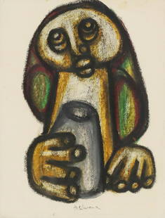 HARGREAVES NTUKWANA (1938-1999) PASTEL DRAWING: Framed pastel drawing on paper, Figure with Vessel, signed lower center H. Ntukwana (Hargreaves Ntukwana, South African, 1938-1999), sight: approx 13"h, 10"w, overall: 18 1/8"h, 14 5/8"w, 2.75lbs Star