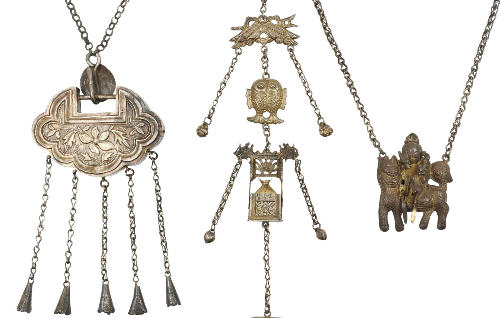 (3) CHINESE SILVER SPIRIT LOCK & METAL PENDANTS (1 of 5)