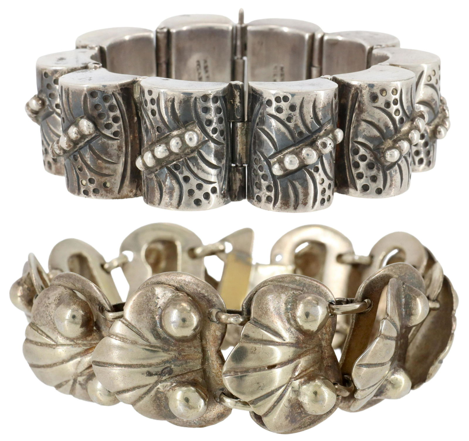 (2) SILVER LINK BRACELETS, MEXICO: (lot of 2) Silver bracelets, including: (1) silver (content unknown) bracelet, hollow links with beaded design, marked Mexico silver, approx 7/8"w, 6.5"l, (1) sterling silver bracelet, with leaf-shape