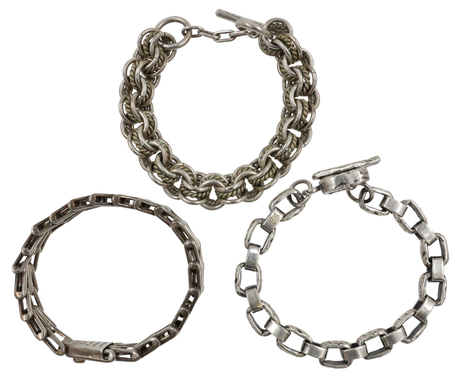 (3) STERLING SILVER LINK BRACELETS, MEXICO: (lot of 3) Sterling silver bracelets, including: (1) with v-shaped links, marked 925 TL-51 Mexico, approx 7"l, (1) with round and twisted wire links, toggle clasp marked Mexico 925, approx 8"l, (1) wi
